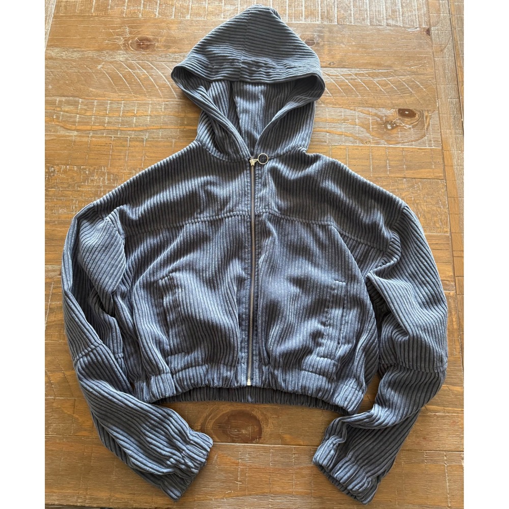 Dusty blue ribbed Womens Gray Corduroy Cropped Zip Up Hoodie Jacket Small